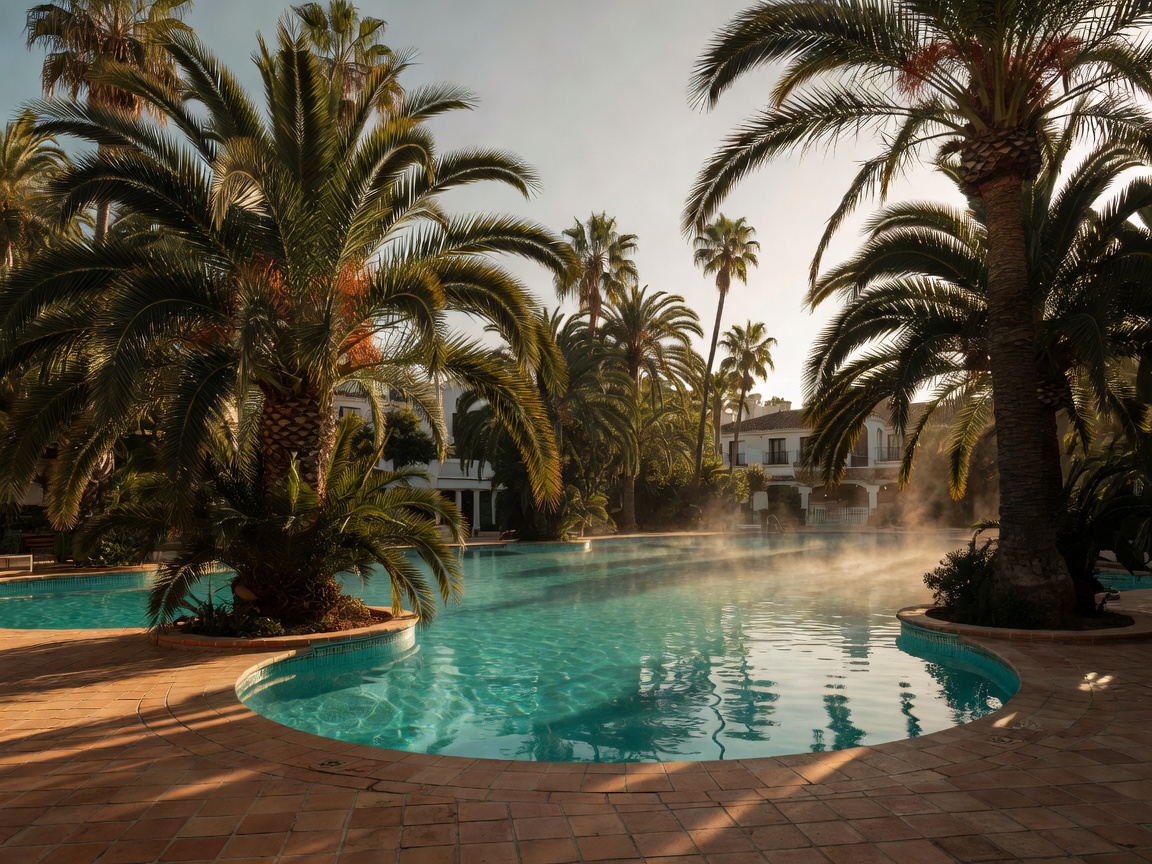 Historic heated seawater swimming pool framed by sub-tropical palms at Marbella Club Hotel