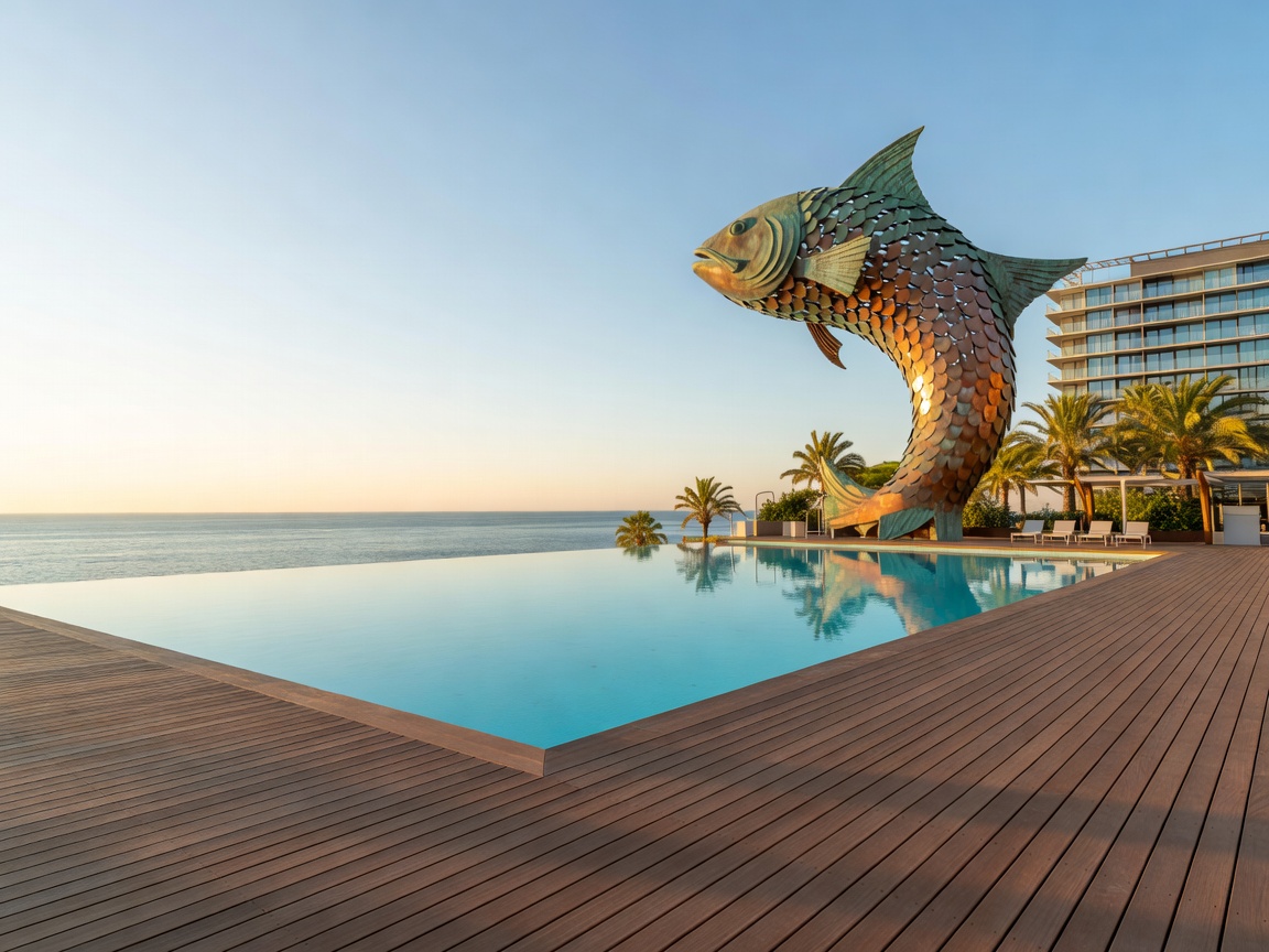Hotel Arts Barcelona infinity pool terrace beneath Frank Gehry giant copper fish sculpture