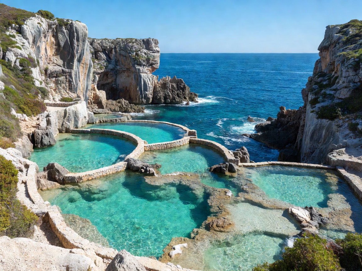Cascadas Suspendidas terraced seawater pools sculpted into cliff edge at Hacienda Na Ximena Ibiza