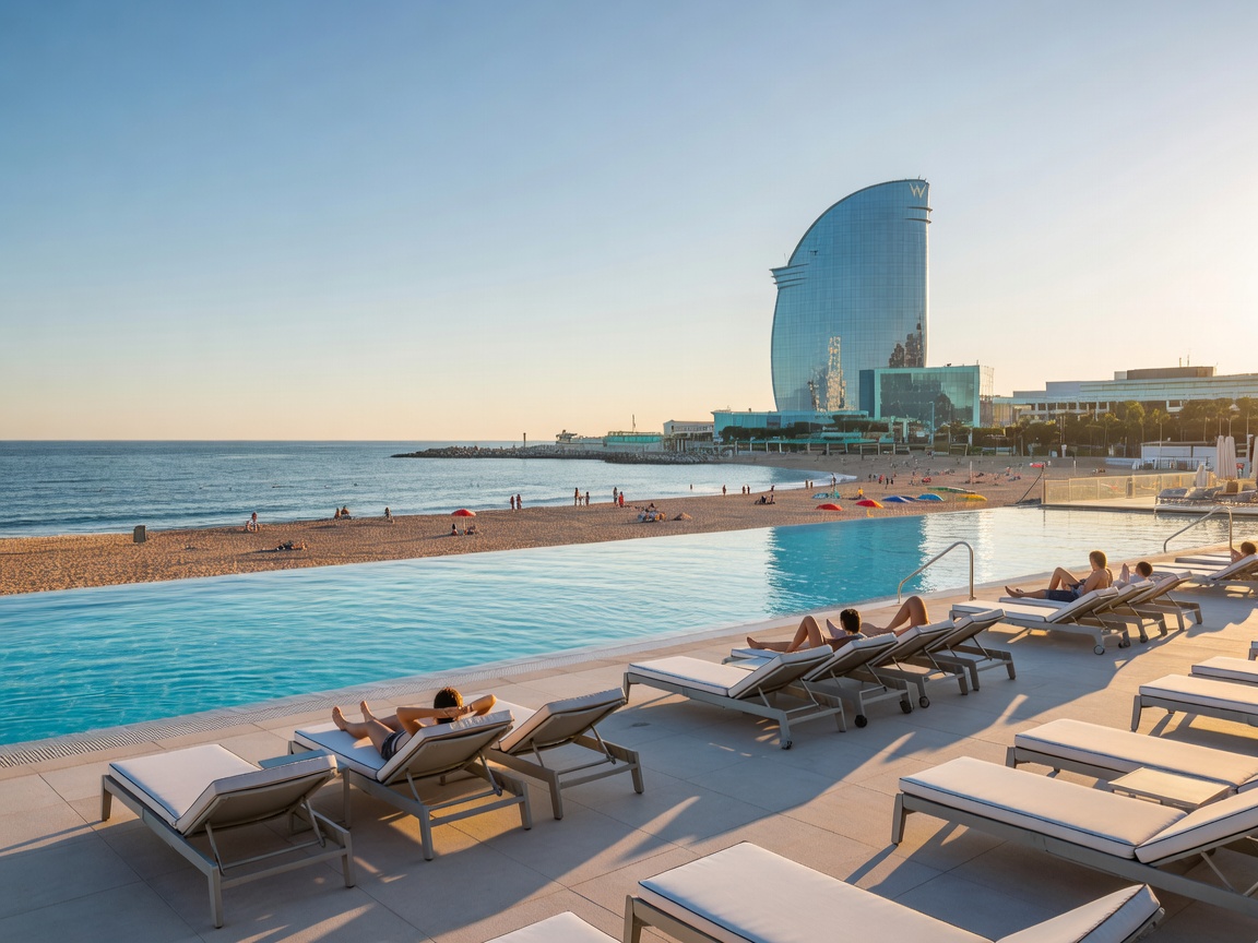 W Barcelona WET Deck pool terrace with sunbeds overlooking Barceloneta beach